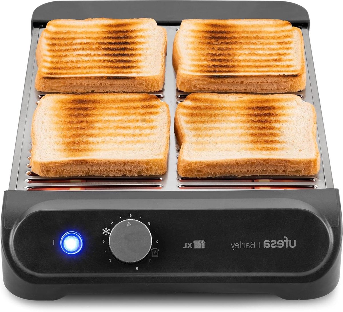 Platte Tosti-apparaat - Horizontale Broodrooster - Ontbijt Maken - 900W Met Kwarts - Voor 4 Sneden - Zwart