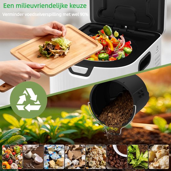 Een vrouw voegt groenten toe aan een witte compostbak. Hieronder een filter en diverse soorten afval.