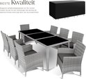 Grijze wicker tuinset met tafel en 8 stoelen, met beschermhoes, met glasplaten.