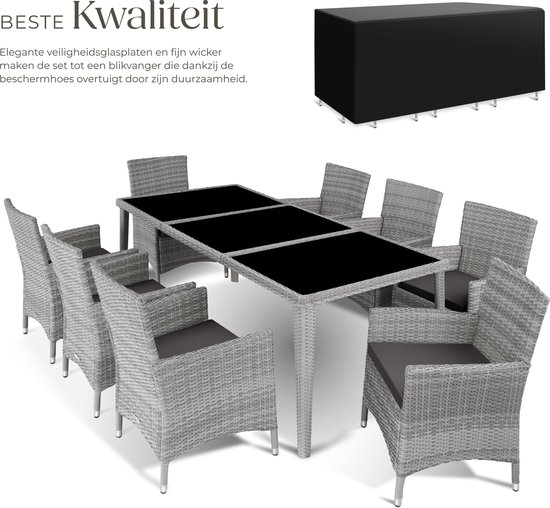 Grijze wicker tuinset met tafel en 8 stoelen, met beschermhoes, met glasplaten.