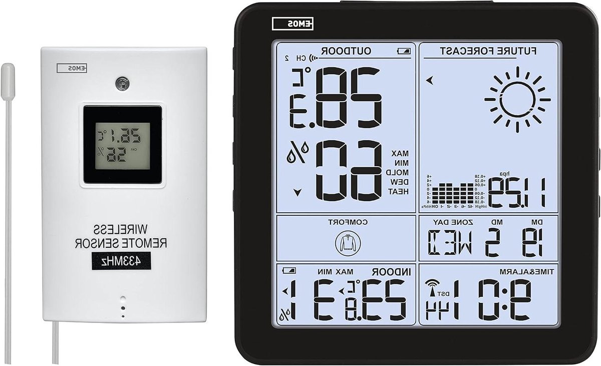 Draadloos Weerstation - Binnen en Buiten - Weersvoorspelling Thuiskijken - Radioklok Barometer - 13 x 13 cm - Wit