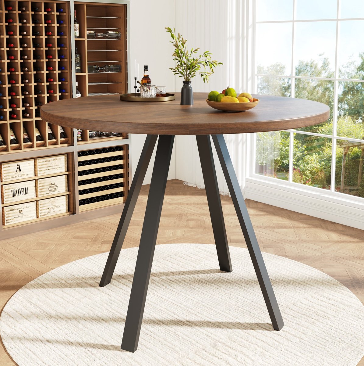 HAUSS SPOLE Eettafel - Ronde Tafel Voor 4 Personen - Voor Eetkamer En Woonkamer - MDF En Metaal - 80x80x75 Cm - Walnoot Zwart