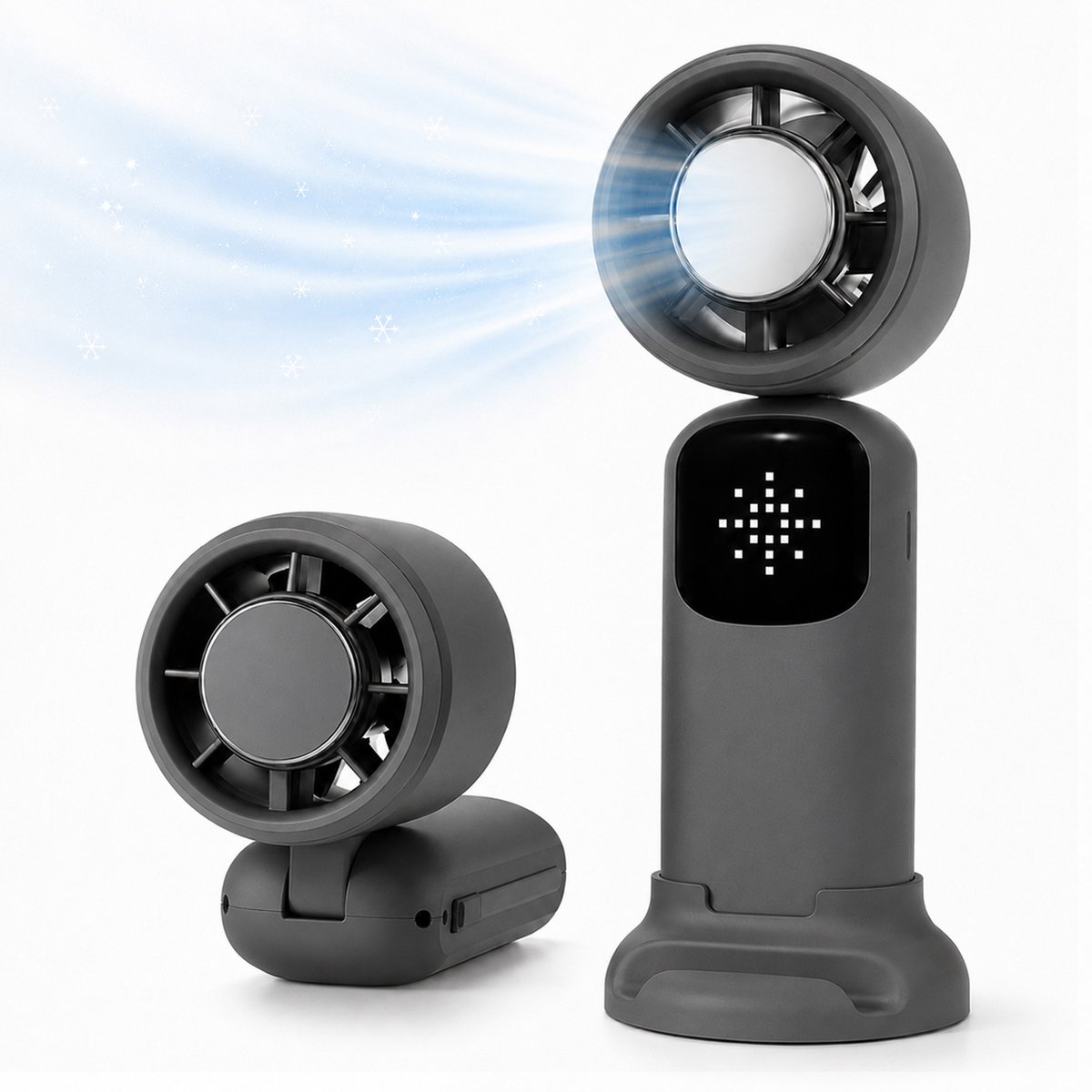 Handventilator met Koelfunctie – Draagbare Ventilator – 4000mAh – Halfgeleider Koeling – AI LED Display – 4 Snelheden – USB-C Oplaadbaar – 3-in-1 Hand-, Nek- & Bureauventilator – Voor Dames & Heren – Donkergrijs – 1 Stuk