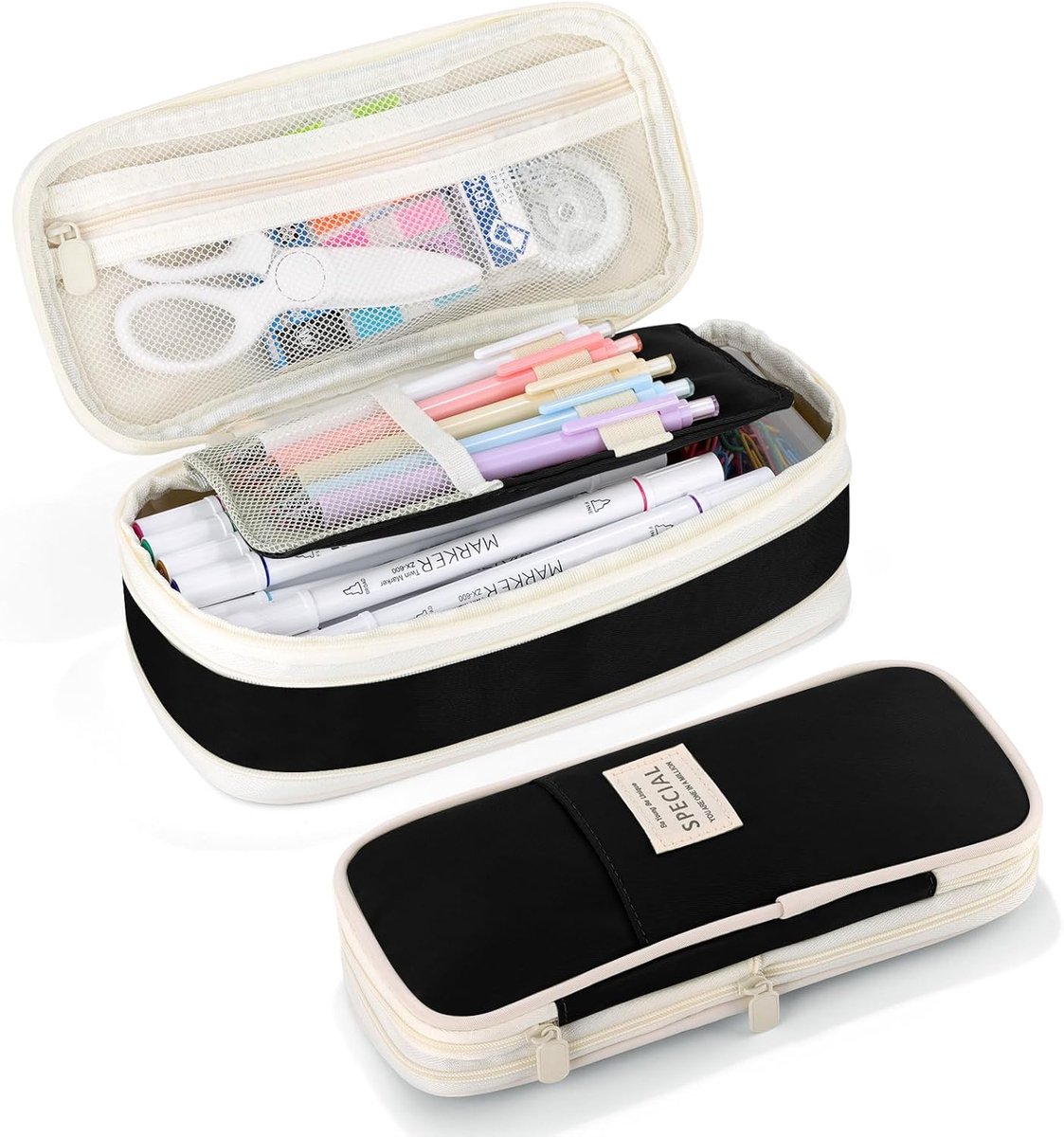 KZQ Groot pennenetui met 2 compartimenten en rits - Esthetische canvas potloodtas - Ruime opbergorganizer voor schoolbenodigdheden en make-up - Perfect voor studenten - Zwart