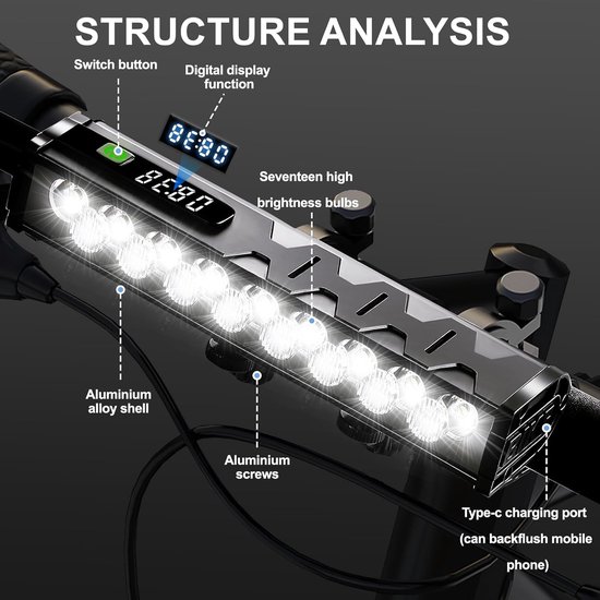Fietsverlichting Set - Voorlamp Achterlicht - Nacht Fietsen - 25500 Lumen - 10000 mAh Batterij - Zwart — afbeelding 5
