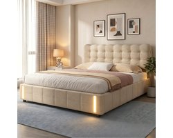 Opbergbed 160x200 cm beige fluweel met hydraulische opbergruimte, LED-verlichting en gestoffeerd hoofdbord, modern tweepersoonsbed