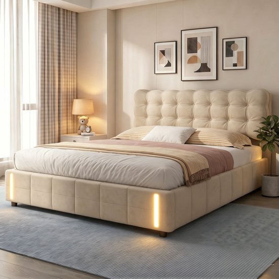 SHOPENTRA Opbergbed 160x200 cm Beige Fluwelen met LED - SHOPENTRA - €279,99