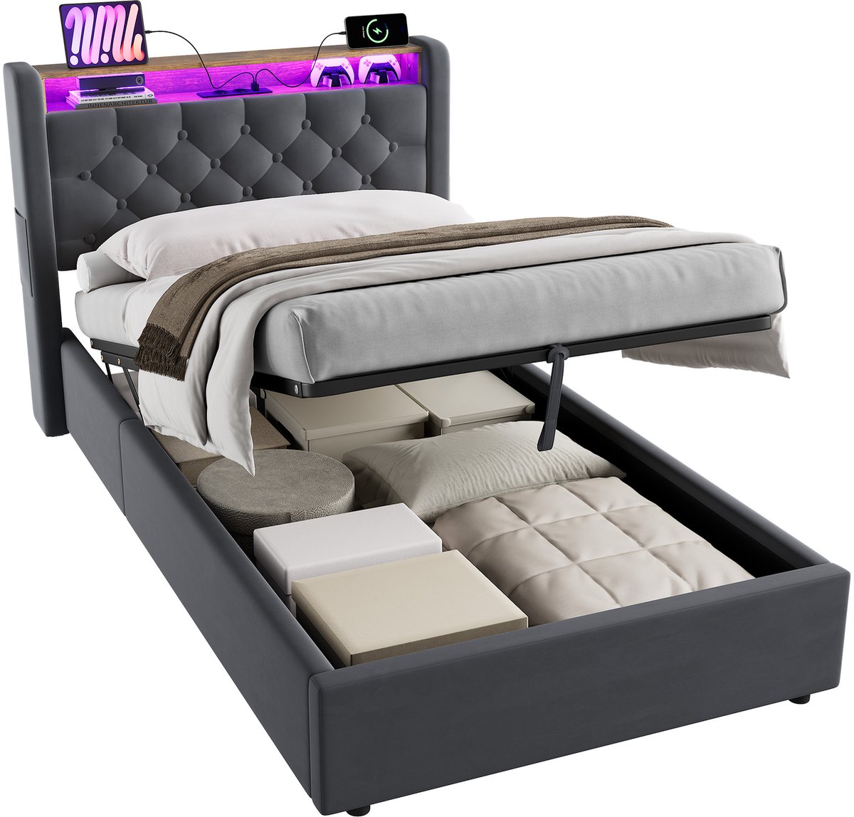 MODFU Gestoffeerd Bed met Hydrauliek 90x190 cm – 208,5x100x100 cm – LED, USB & stopcontact – Fluweel donkergrijs – Incl. lattenbodem