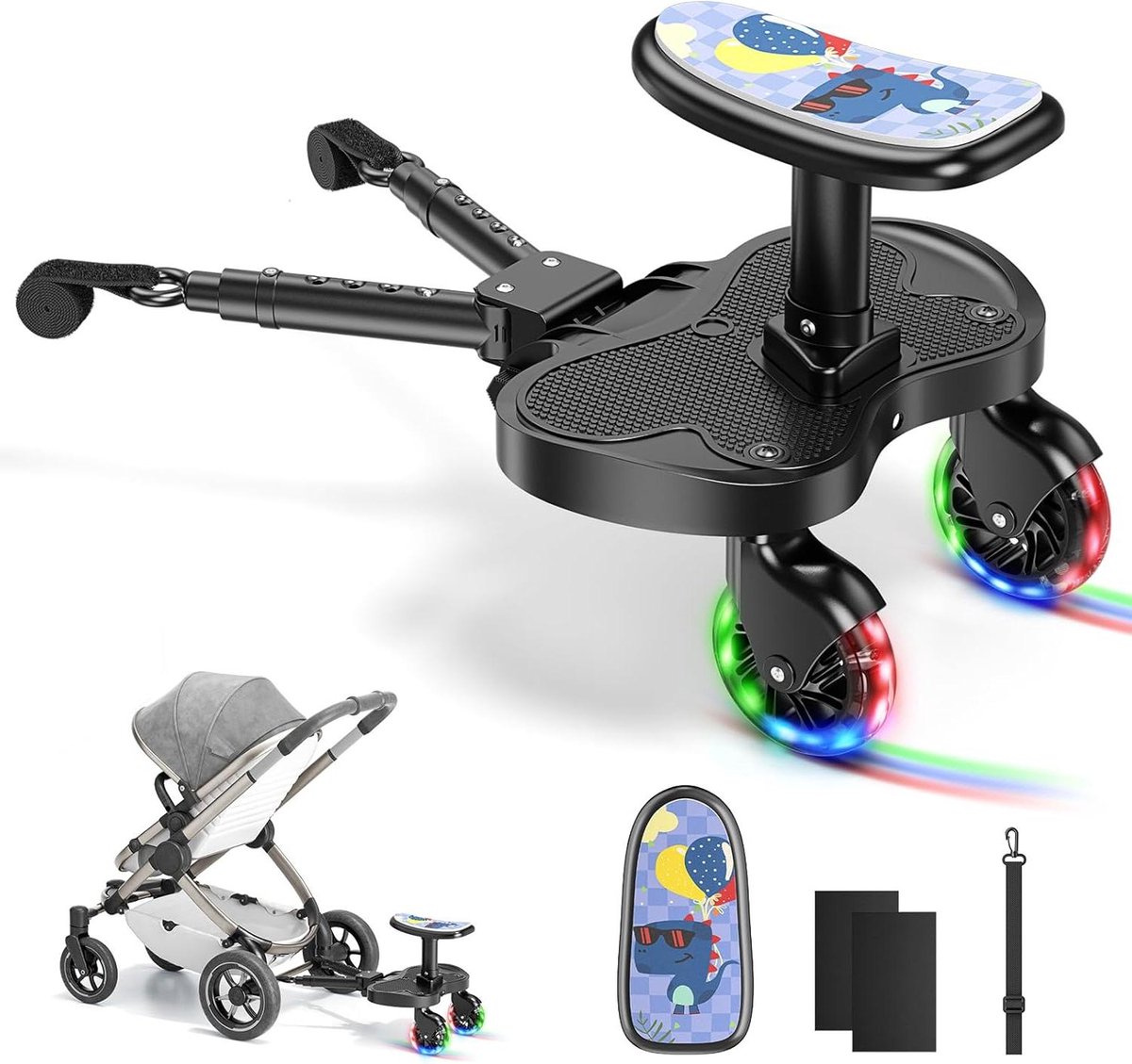 Kinderwagen Plank - Meerijdplank - Reizen met kinderen - Met LED wielen - Tot 25 kg - Zwart