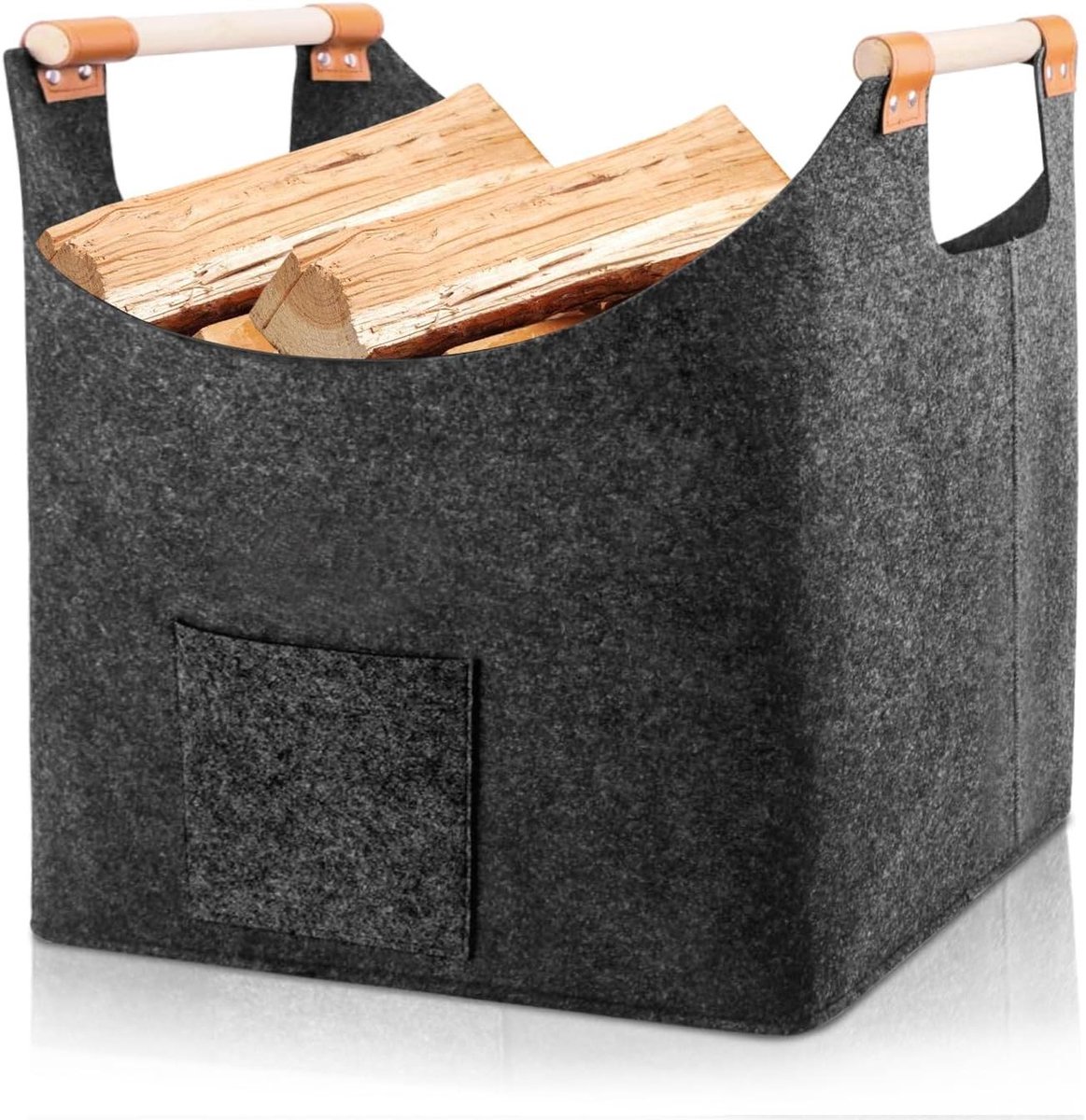 Vilten Brandhoutmand - Opvouwbare Opbergmand - Haardhout Opslag - Versterkte Houten Handgrepen - 45 x 32 x 40 cm - Donkergrijs