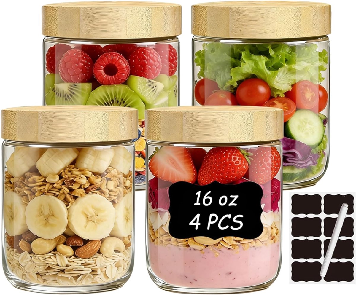 SNJY® Overnight Oats Potjes - Glazen Potjes met Deksel - Mason Jar - Weckpot - 4x500ml - Doorzichtig
