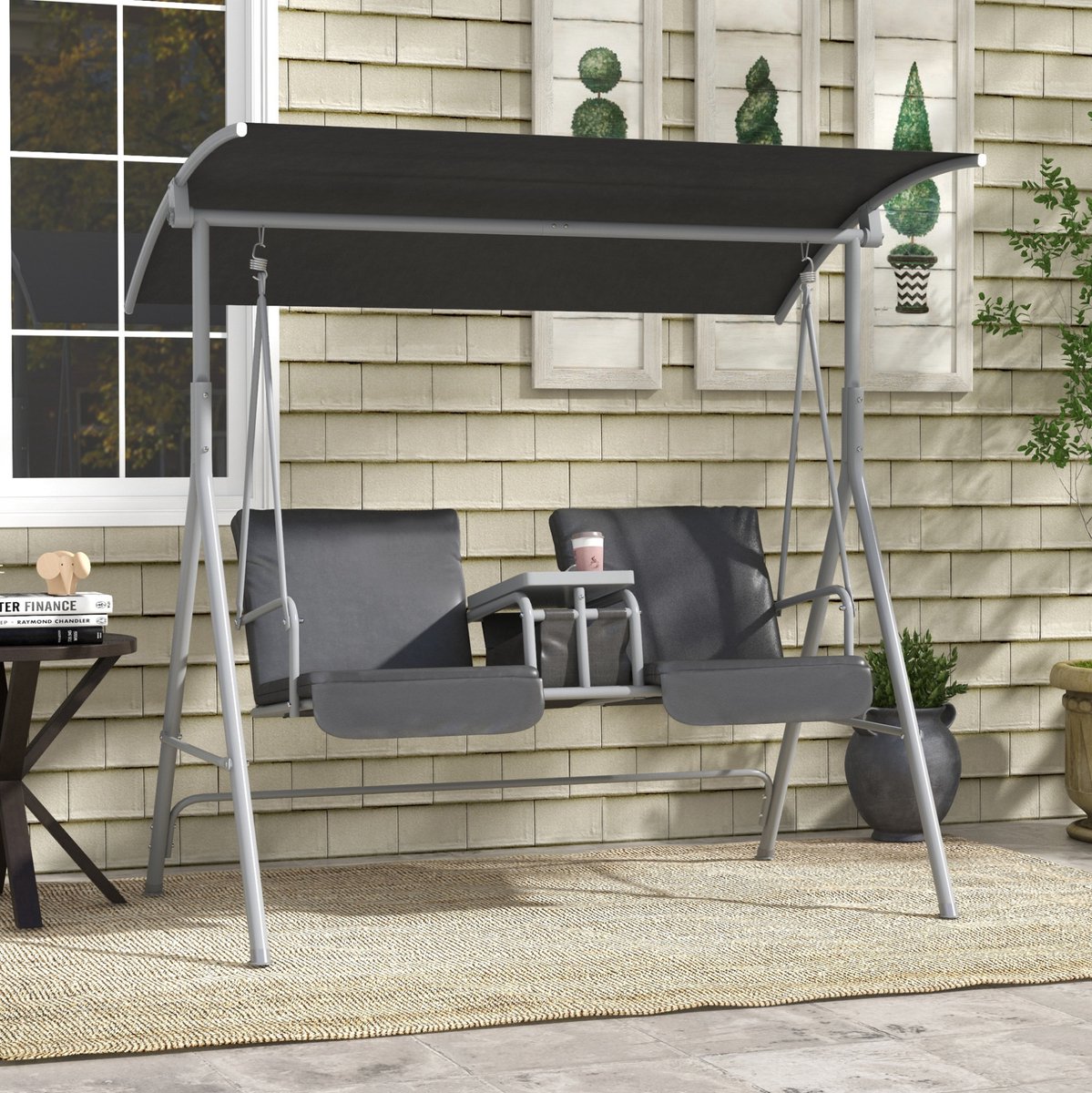 MEUNIQ 2-zits schommelbank met baldakijn, tafel met bekerhouder en gepolsterde zitting, 175 x 110 x 165 cm, metalen tuinschommel voor tuin, terras of balkon, zwart