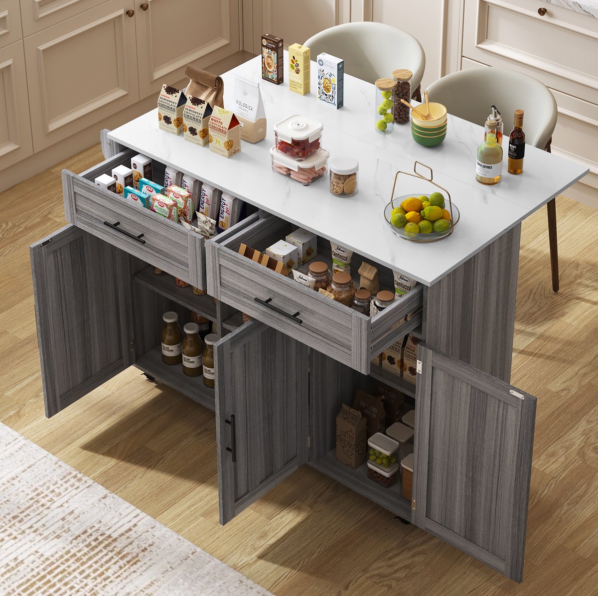 DESMIU Keukenkast - Keukeneiland Met Klapblad En 2 Lades - Op Wielen Voor Keuken En Eethoek - MDF - 129x46x91,5 Cm - Grijs Wit