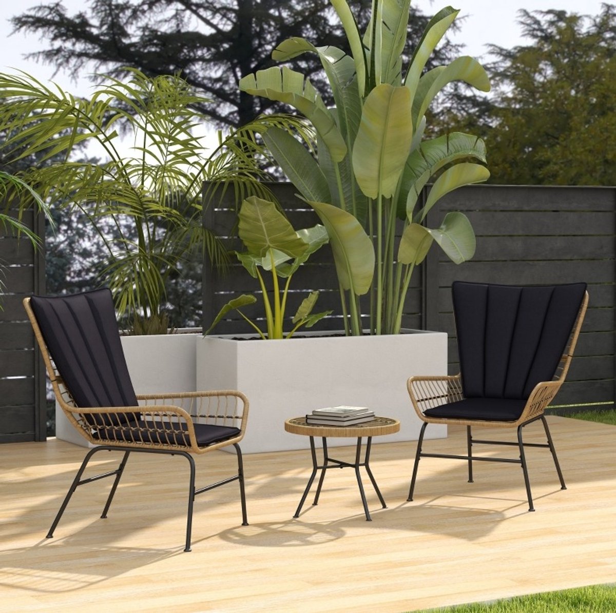 DESMIU Bistroset 3-Delig 78 x 68 x 95 cm - 2 Stoelen Met Rond Tafeltje En Kussens - Voor Tuin, Terras En Balkon - Polyrattan Zwart