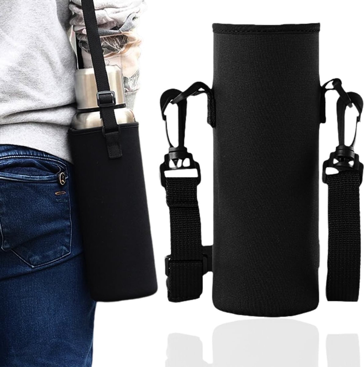 Thijox - Neopreen drinkfles met schouderriem 1500 ml | Draagbare waterfleshouder voor wandelen, reizen en outdoor activiteiten | Flesbescherming in tr
