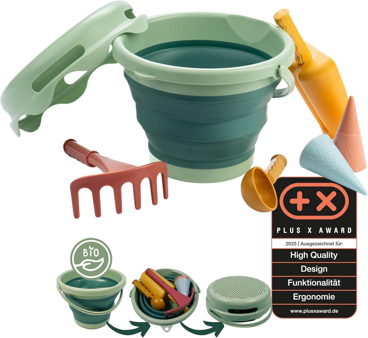 Thijox - 7-in-1 Zandspeelset Biologisch Suikerriet - Compacte Zandspeelgoedset met 6 Gereedschappen en Opvouwbare Emmer - Ideaal voor Vakantie, Speelp