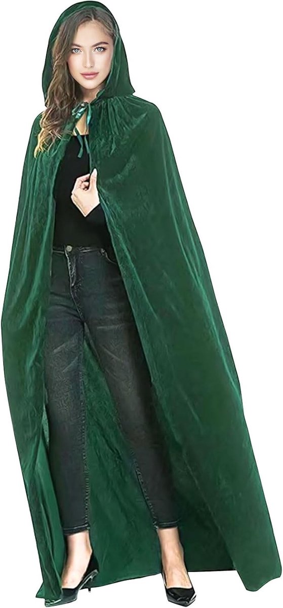 140 cm Groene Halloween Cape met Kap van Velours voor Volwassenen en Kinderen, Perfect voor Kostuums en Themapartijen