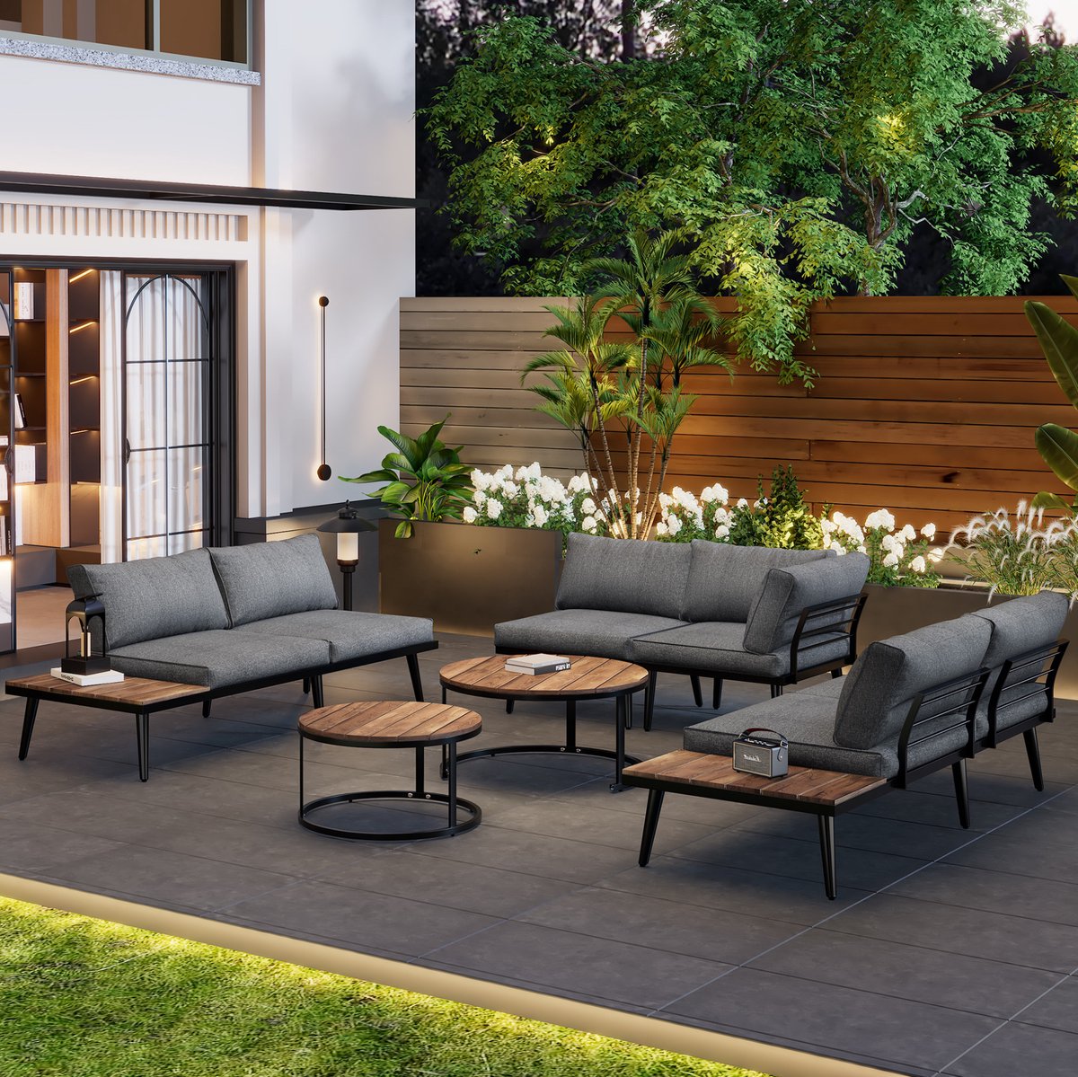 DESMIU Loungeset 160 x 64 x 75 cm - 6-Delige Dining Loungeset Met 2 Tweezitsbanken, 2 Fauteuils En 2 Tafels - Voor Tuin En Terras - Antiekgrijs