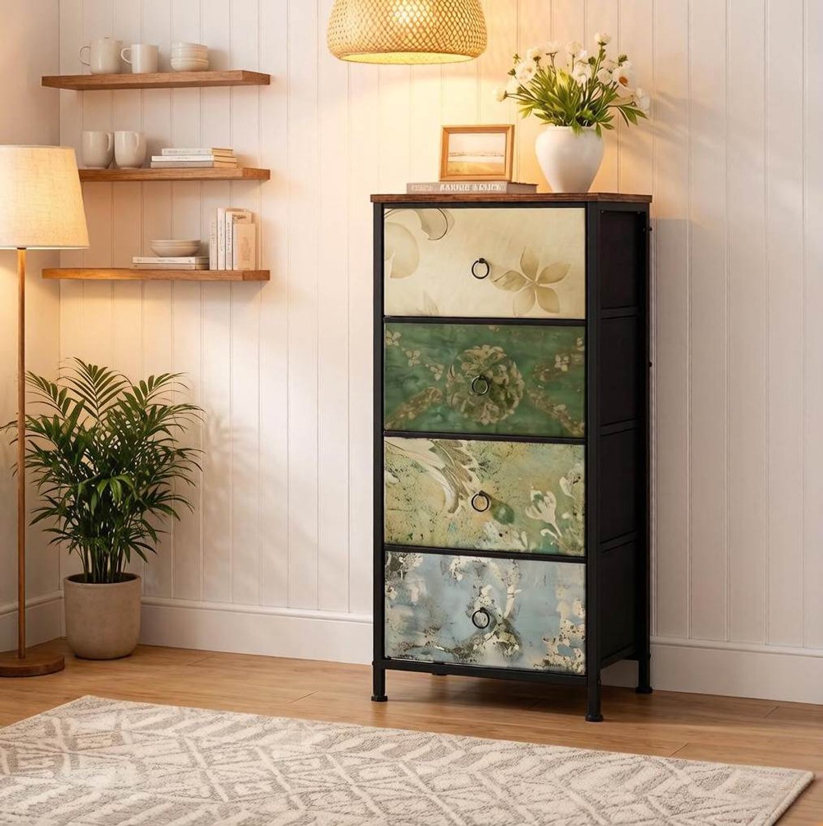 FloraGrace Dressoir - Vintage Opbergkast Met 4 Stoffen Lades - Voor Slaapkamer En Hal - Hout Metaal En Stof - 45x94,5x30 Cm - Multicolor