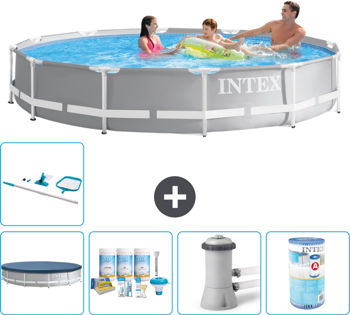 Intex Rond Prism Frame Zwembad - 366 x 76 cm - Grijs - Inclusief Afdekzeil - Onderhoudspakket - Zwembadfilterpomp - Filter - Schoonmaakset - 6-delig
