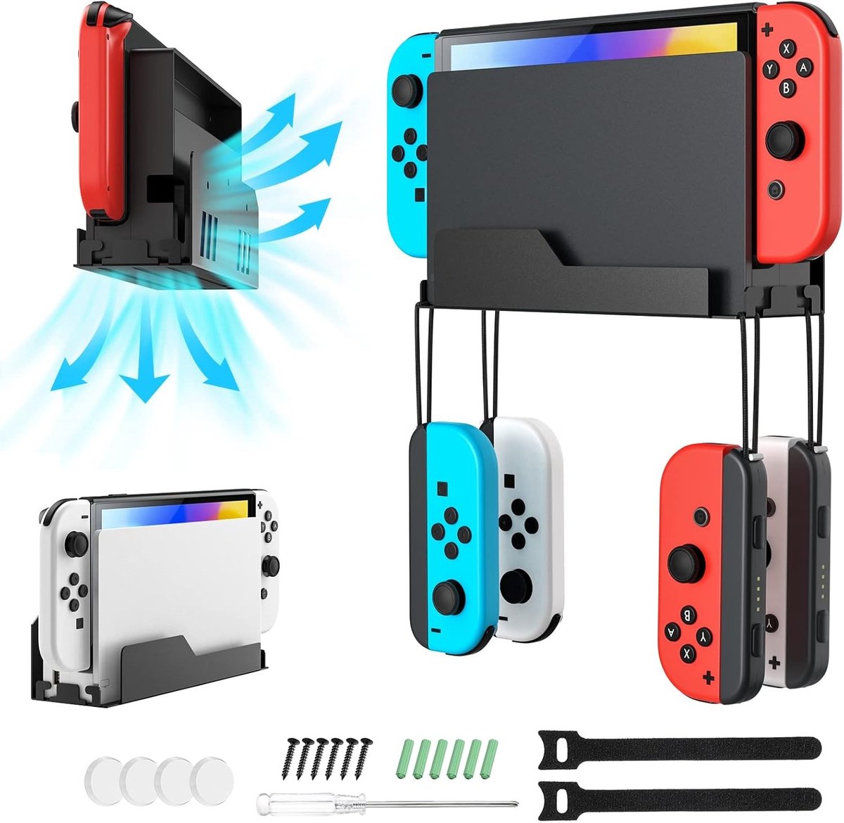 Wandhouder voor Nintendo Switch en Switch OLED, metalen design met 4 Joy-Con haken, optimale warmteafvoer en handige opslag achter de tv, zwart