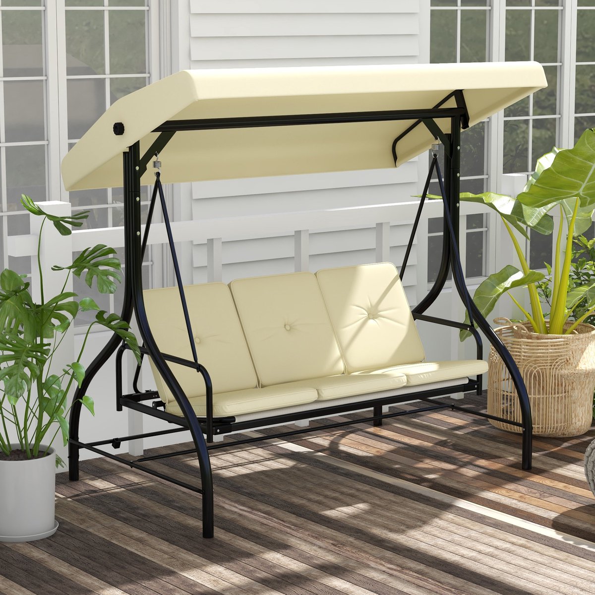 MEUNIQ Schommelbank 3-zits met ligfunctie en verstelbaar zonnedak, Hollywoodschaukel voor tuin en terras, 195 x 117 x 175 cm, beige