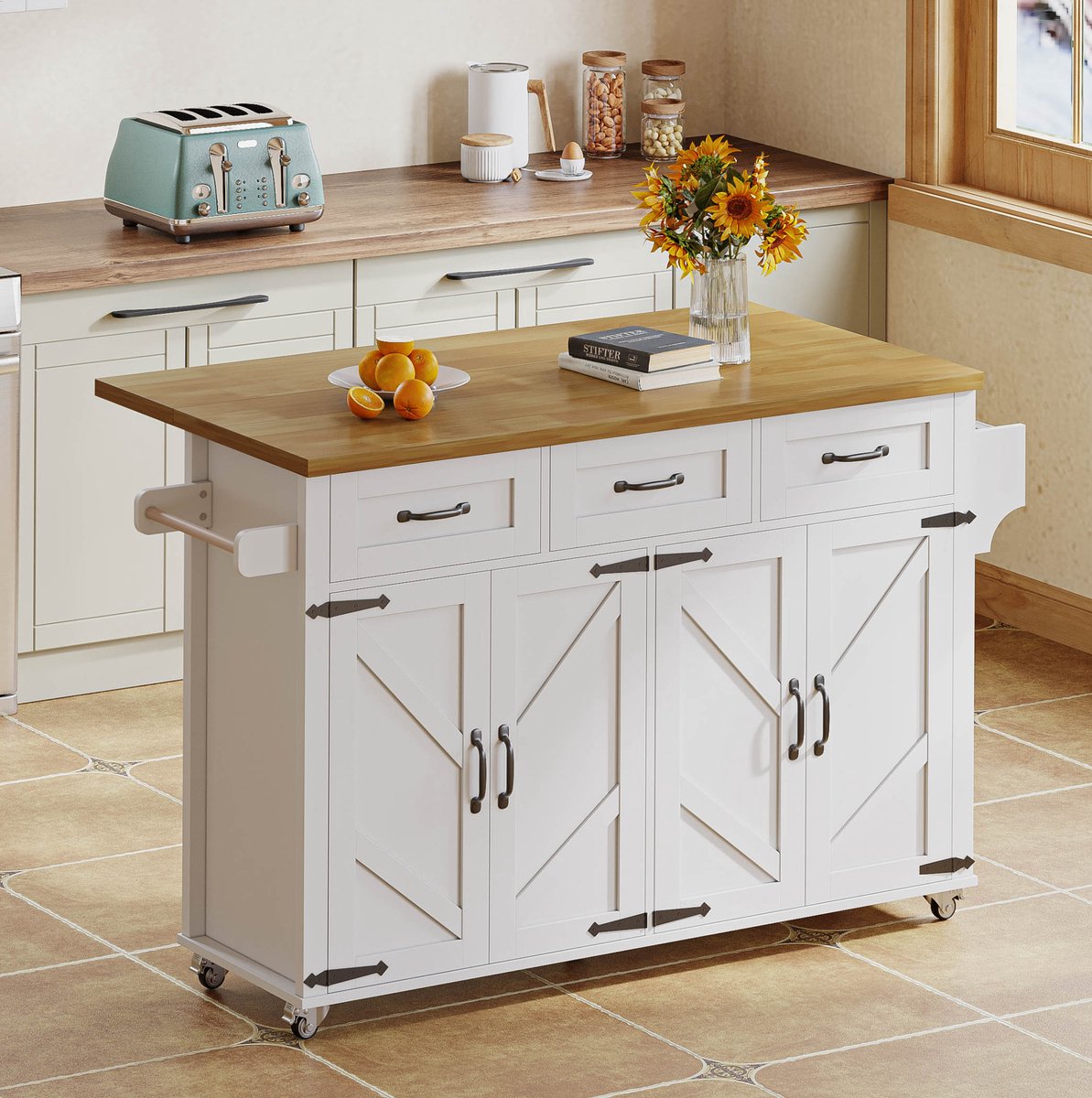 DESMIU Keukenkast - Keukeneiland Met Klapbaar Werkblad En Wielen - 4 Deuren En 3 Lades Voor Keuken En Eethoek - MDF - 140x43x90,5 Cm - Wit Natuurlijk