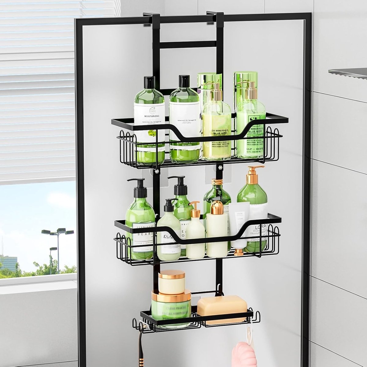 Zwart Doucherek voor Aan de Deur, Badkamer Organizer met 3 Planken voor Shampoo, Douchegel en Scheermes zonder Boren