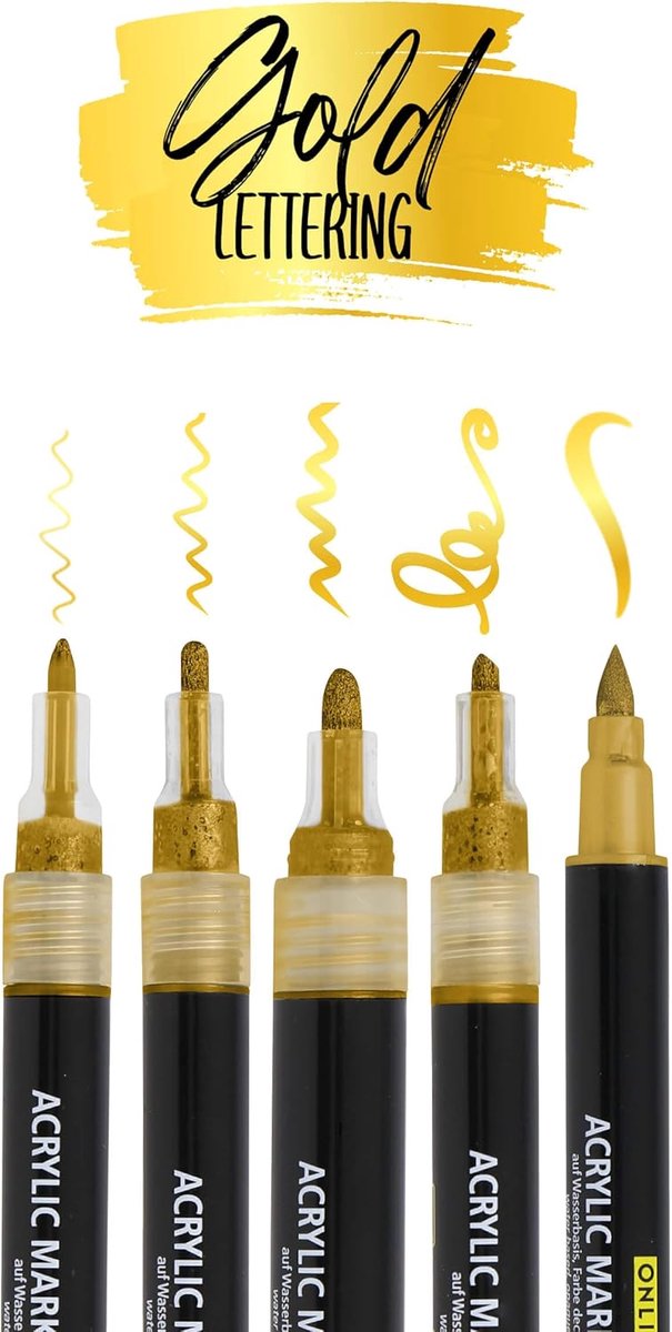 SnelShoppen - Set van 5 Gouden Acryl Stiften - Sterk Dekkende Handlettering Stiften met Penseelpen, Fineliner en Kalligrafiepen - Metallic Markers voo