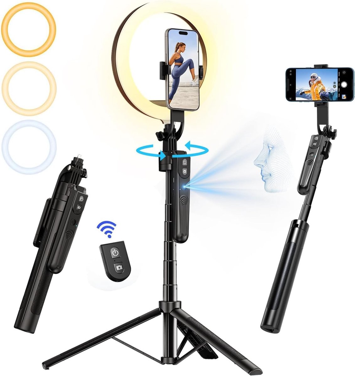 Thijox - 180cm Automatische Gezichtsherkenning Statief met 360° Rotatie, 10" Ringlamp, Telefoonstatief en Selfiestick met Afstandsbediening voor 4-7"
