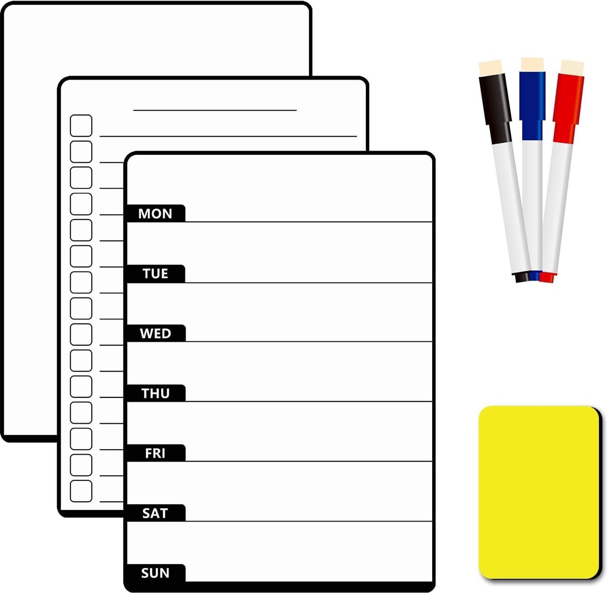 SnelShoppen - 3 Stuks Magnetische Borden voor Koelkast - Magnetische Keuken Planner Set met 3 Stiften + Wisser - Voor Notities, Memos, Lijsten en Menu