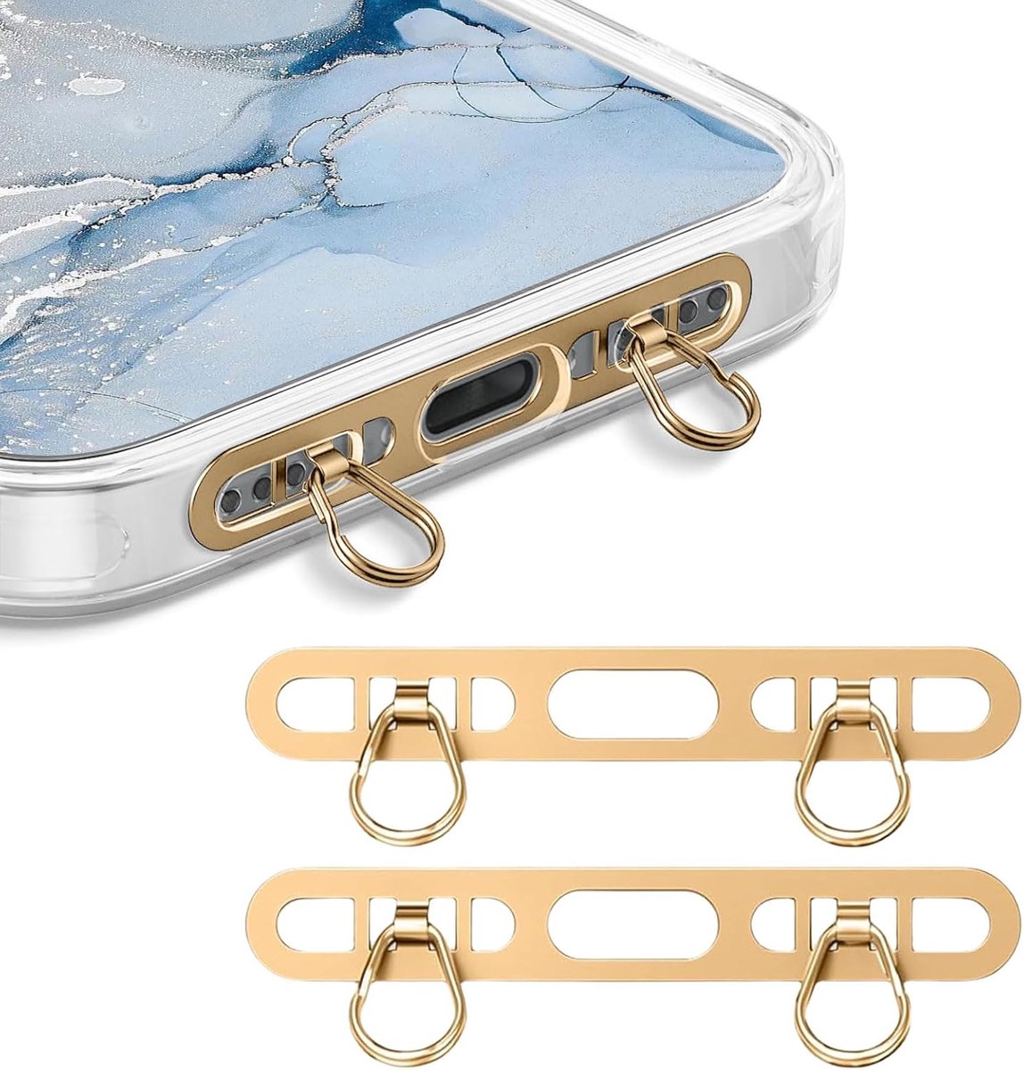 Thijox - 2 Stuks Metalen Telefoonkettinghouder voor iPhone, Roestvrij Staal Lanyard met 2 Ringen, Dun en Robuust, Gouden Telefoonaccessoire voor Diefs