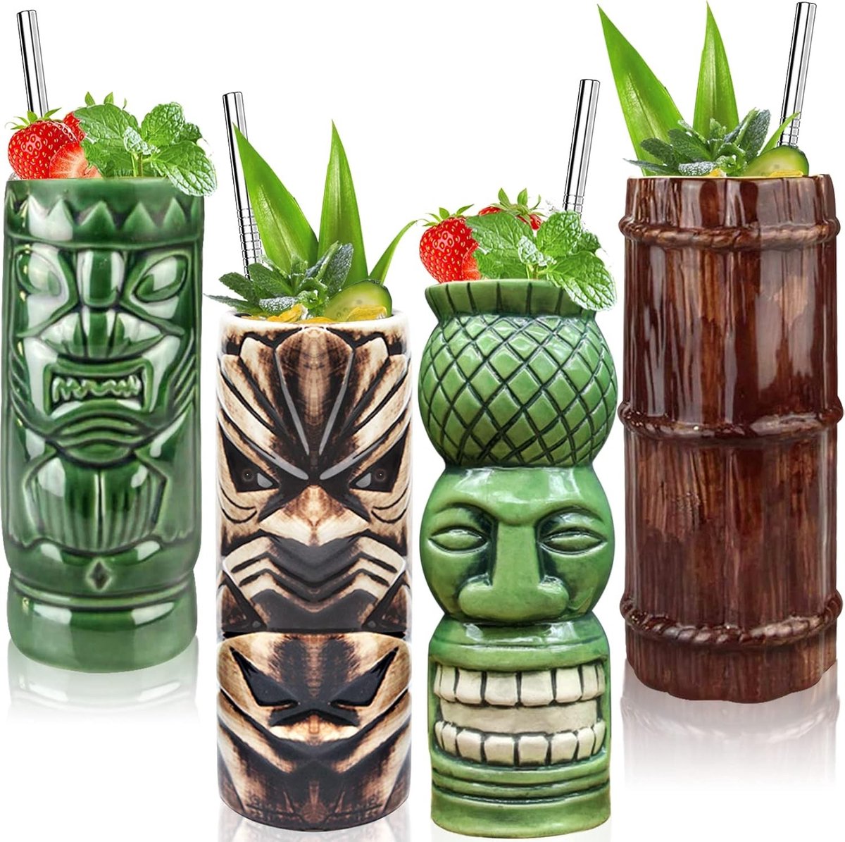 Set van 4 Tiki Glazen - Grote Keramische Tumblers voor Cocktails en Drankjes op Hawaiian Luau Feesten