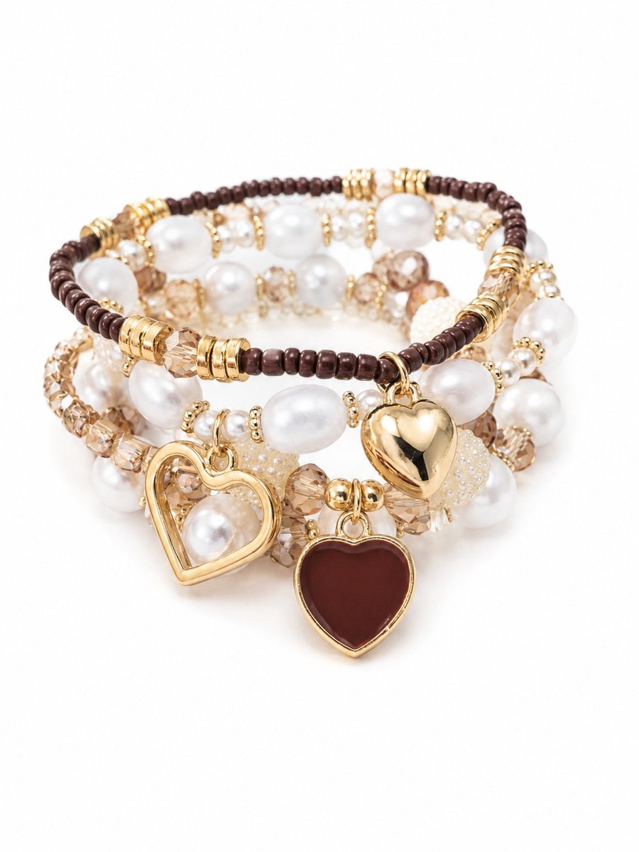 Armbandenset Dames- Set armbanden 5 stuks- Kralenarmbanden Hartje- Bruin Parel Wit Goud- Vrouw- LiLaLove- Moederdag- Cadeau Vrouw