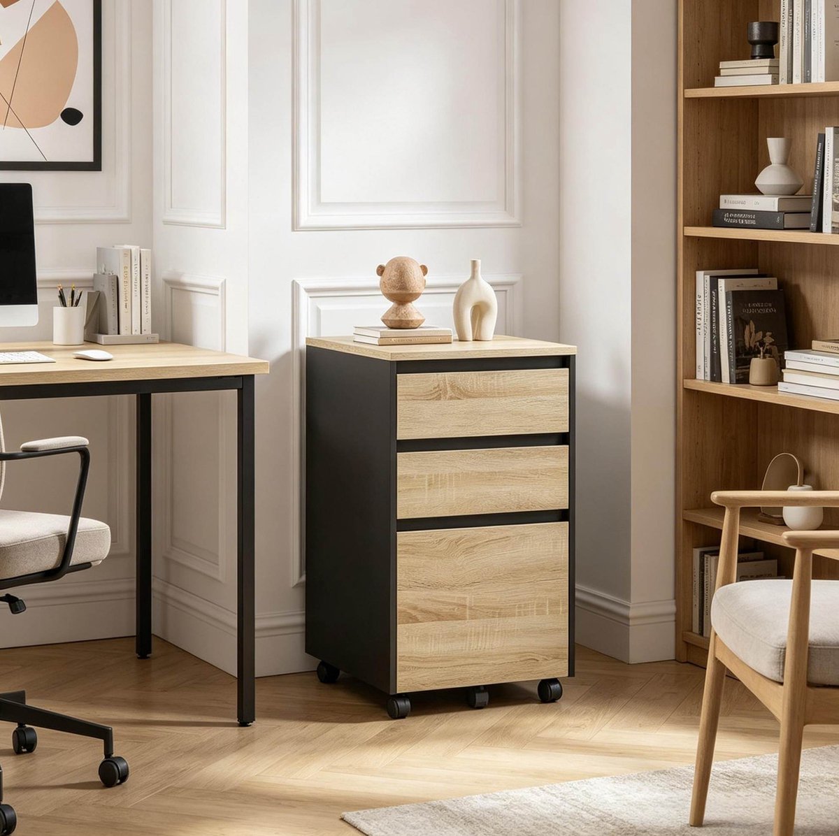 HAUSS SPOLE Archiefkast - Mobiele Opbergkast Met 3 Lades En Bovenblad - Voor Kantoor Slaapkamer En Studeerkamer - Hout - 40x40x70 Cm - Zwart Licht Eiken