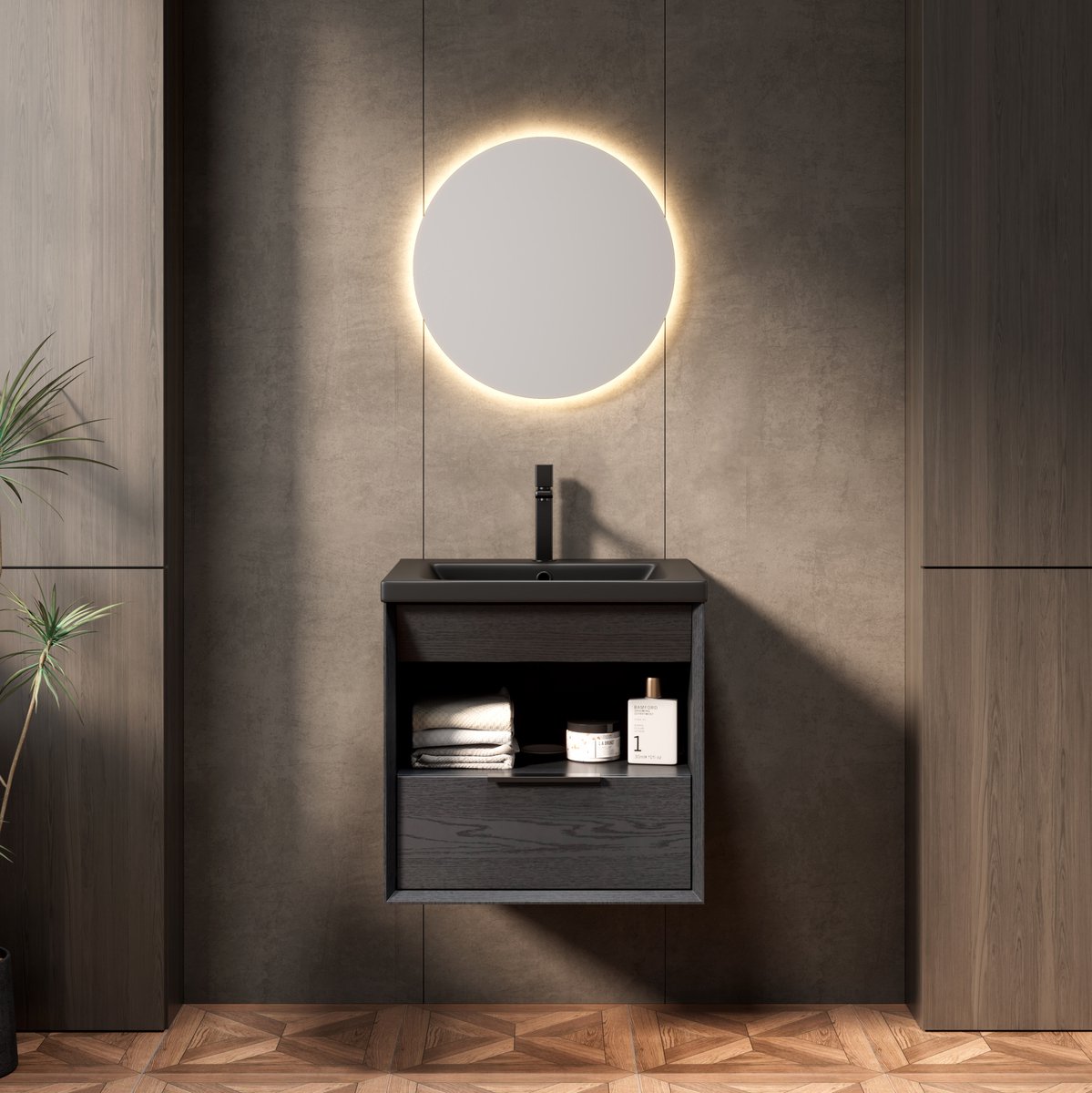 HAUSS SPOLE Badkamermeubel - Hangende Onderbouwkast Met Keramische Wastafel En Lade - Voor Badkamer - Zwart Donker Eiken - 51,5 Cm