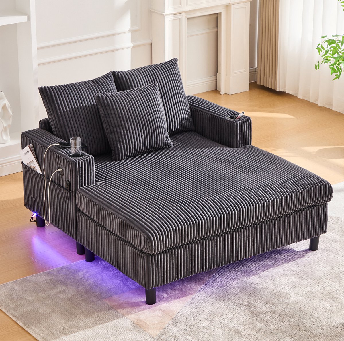 HAUSS SPOLE Fauteuil - Relaxfauteuil Chaise Longue - Met USB, Bekerhouders En Ledverlichting - Voor Woonkamer En Slaapkamer - Corduroy Donkergrijs