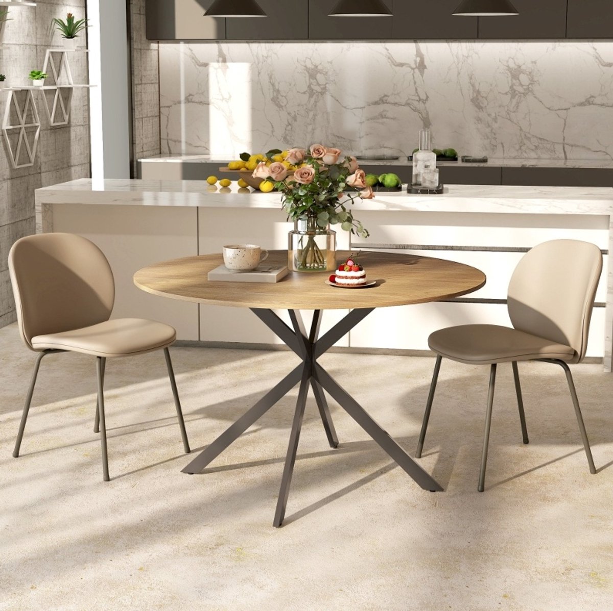 MEUNIQ ronde eettafel 120 cm voor 4 personen met zwarte X-vormige stalen poten, industriële tafel voor eetkamer, keuken of thuiskantoor, eiken