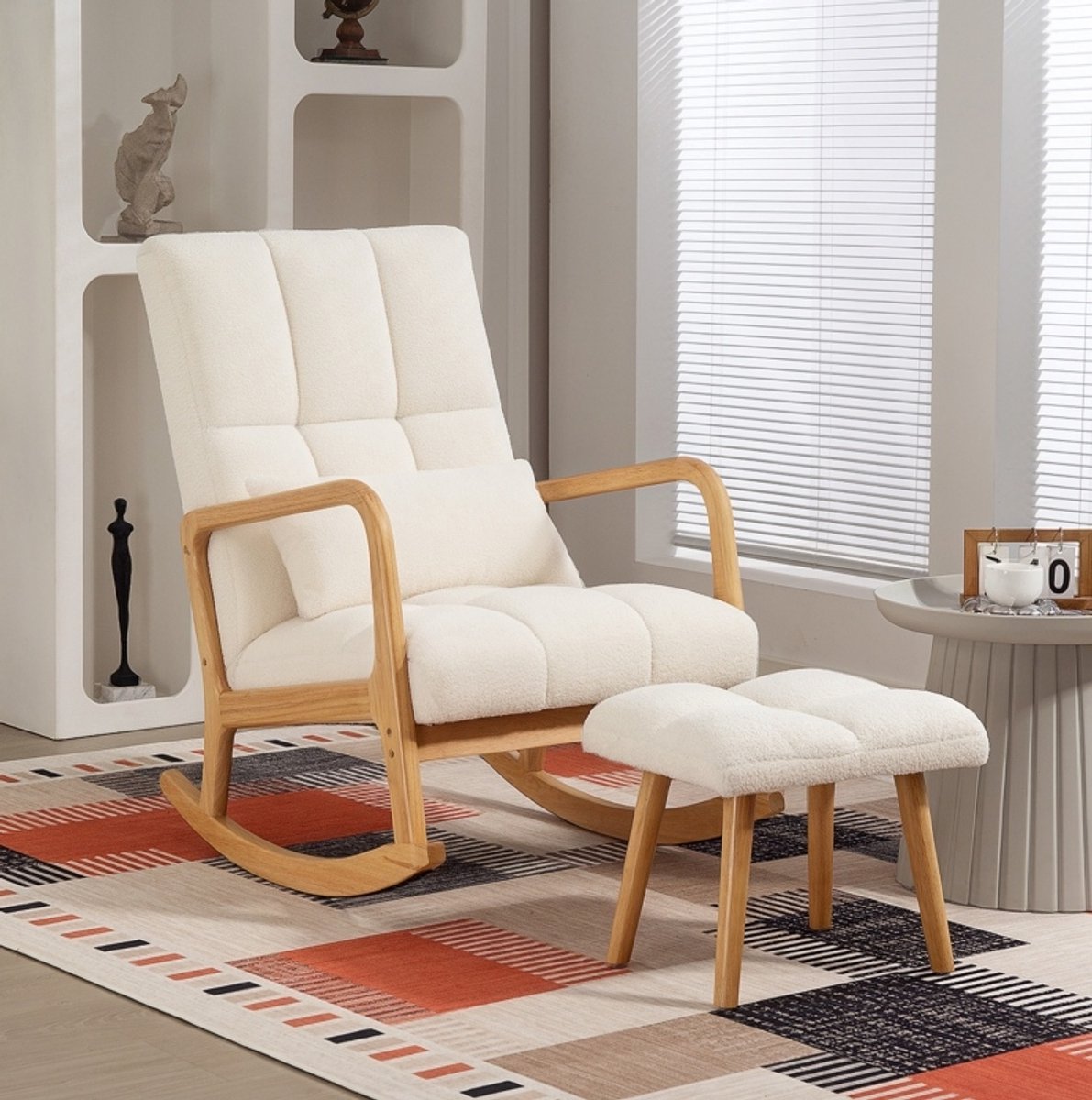 MEUNIQ schommelstoel met hocker 64,5 x 82 x 99 cm, gestoffeerde fauteuil met armleuningen, hoge rugleuning en houten onderstel voor woonkamer of slaapkamer, wit