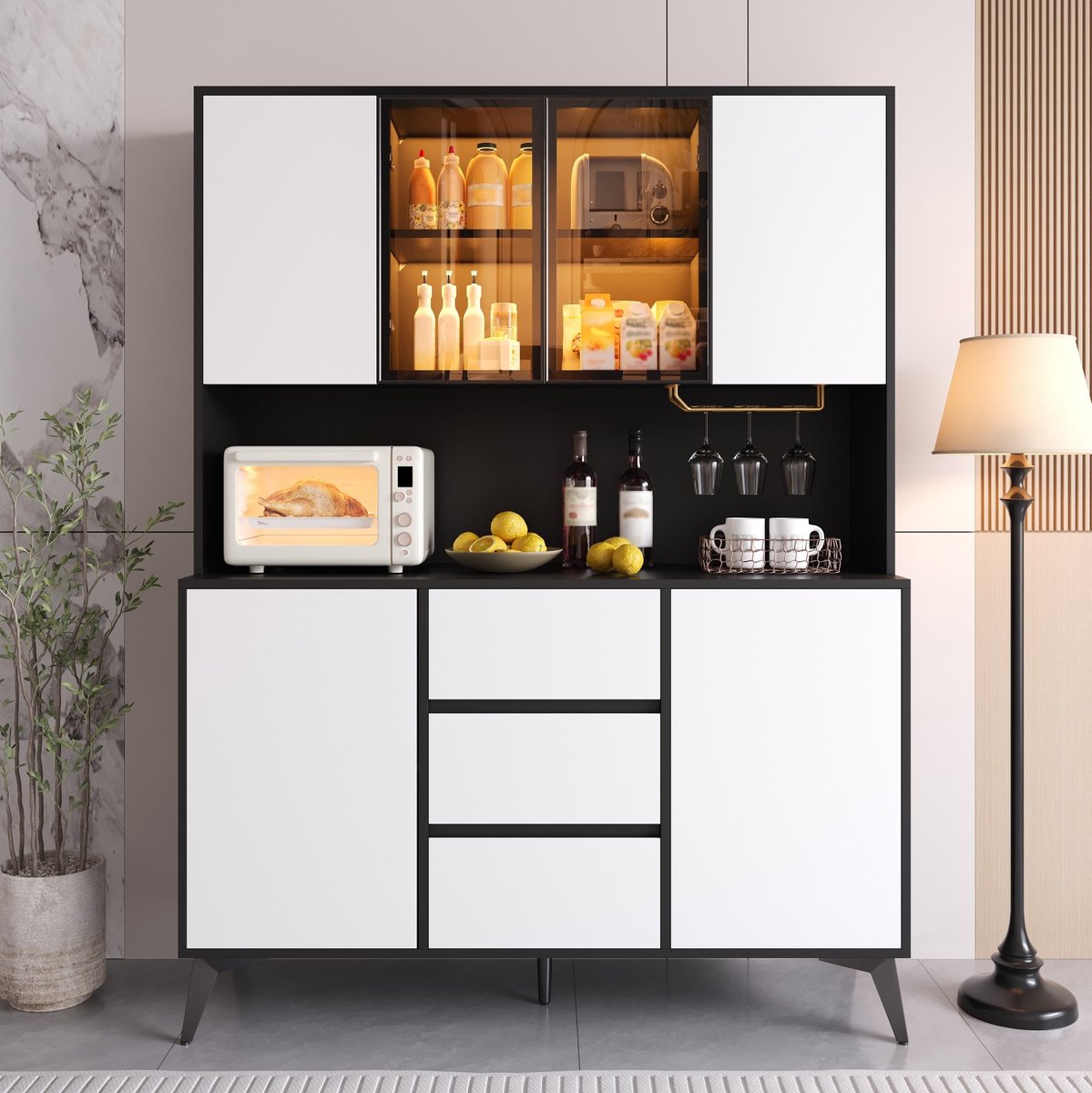 MIVRAY Hoge Kast Met Glasfront En App Gestuurde LED Verlichting - Dressoir Voor Woonkamer En Eetkamer - MDF Zwart Wit - 120x40x160 Cm
