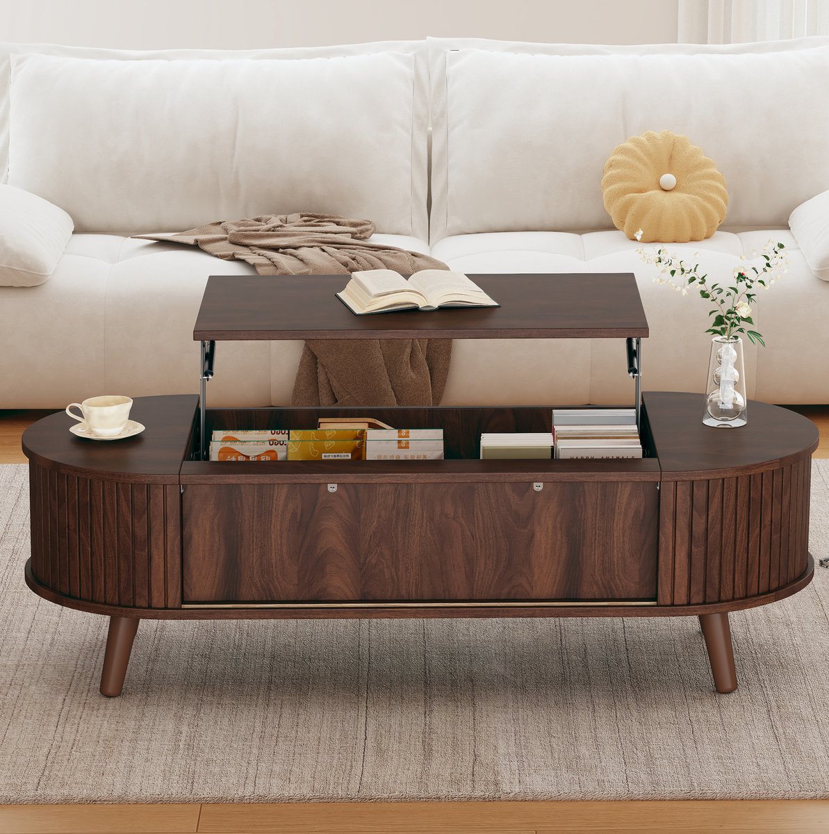 MIVRAY Salontafel - Verstelbaar Tafelblad Met Verborgen Opbergruimte - Voor Woonkamer En Tijdelijk Werken - MDF - 120x50x39,5 Cm - Walnoot