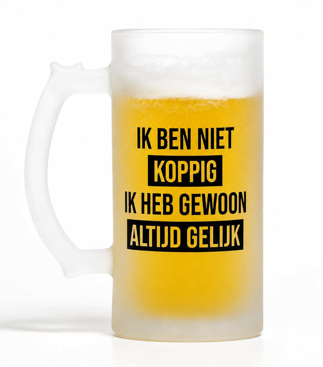 NietMokken.nl - Grappige Bierpul – Ik Ben Niet Koppig Ik Heb Gewoon Altijd Gelijk – Bierglas 460 ml – Matglas – Aan beide zijden bedrukt