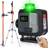 Jackmend 4D laser met groene laserlijnen, statief, meetstokken en afstandsbediening.