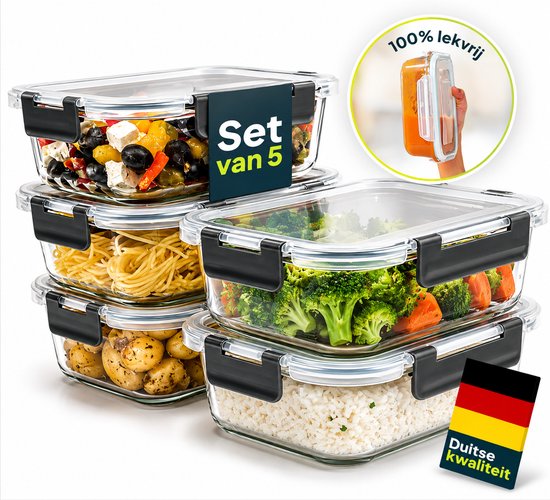 Ensemble de cinq boîtes de conservation Uandu en verre, remplies de spaghettis, légumes, pommes de terre et riz, avec un drapeau allemand.