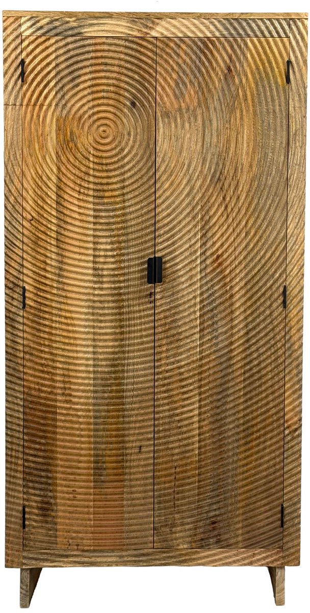 Ervesto Kast Mango Massief Hout 90x180 cm - Hoge Opbergkast - Dressoir - Warm Lichtbruin Met 3D Deurfront - Handgemaakt - Mangohout - Met Vaste Legplanken