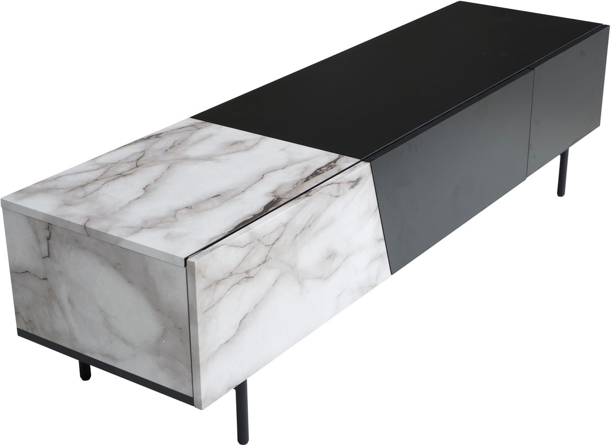 Ervesto Lowboard - Tv-Meubel - Dressoir - 150x40x40 Cm - Wit Zwart - Marmerdecor - Met Deuren En Lade - Voor Tv’s Tot 70 Inch