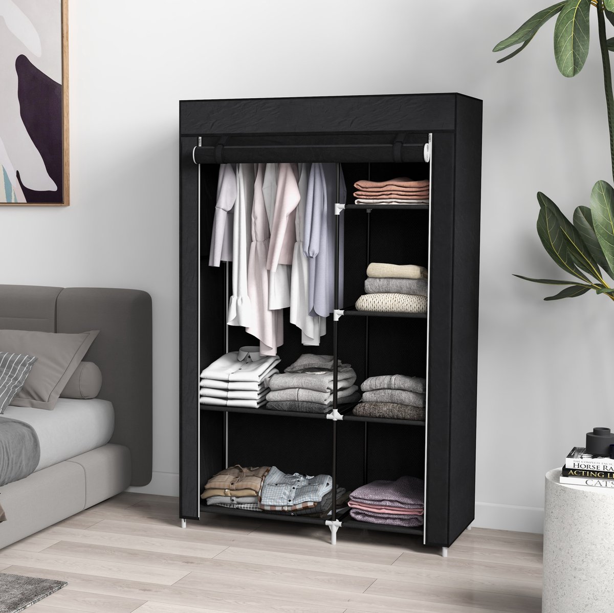 MIVRAY Kledingkast - Stoffen Opbergkast Met 6 Vakken En Hanggedeelte - Voor Slaapkamer En Wasruimte - Staal Zwart - 103x43x162,5 Cm