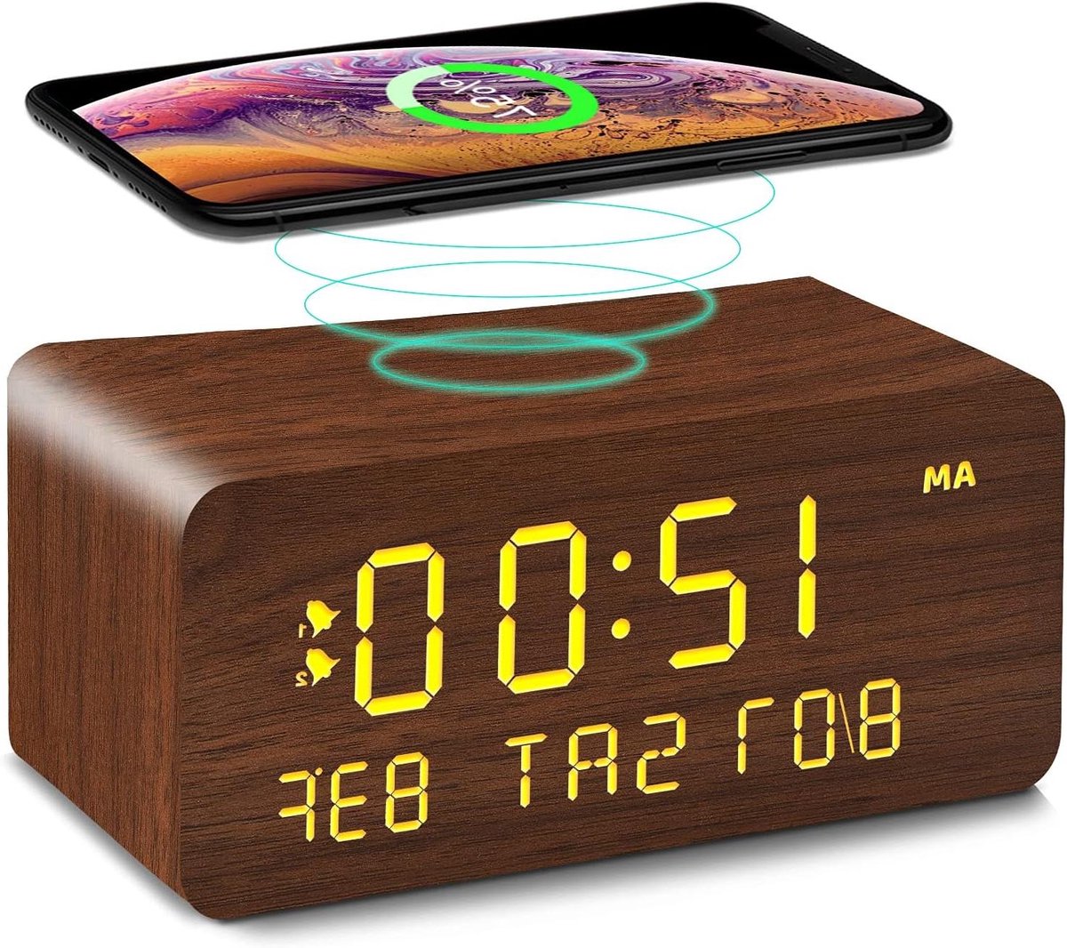 Digitale Wekker - Houten Klok - Opladen en Wakker Worden - Draadloos Laden - 8 x 3.81 x 8.6 cm