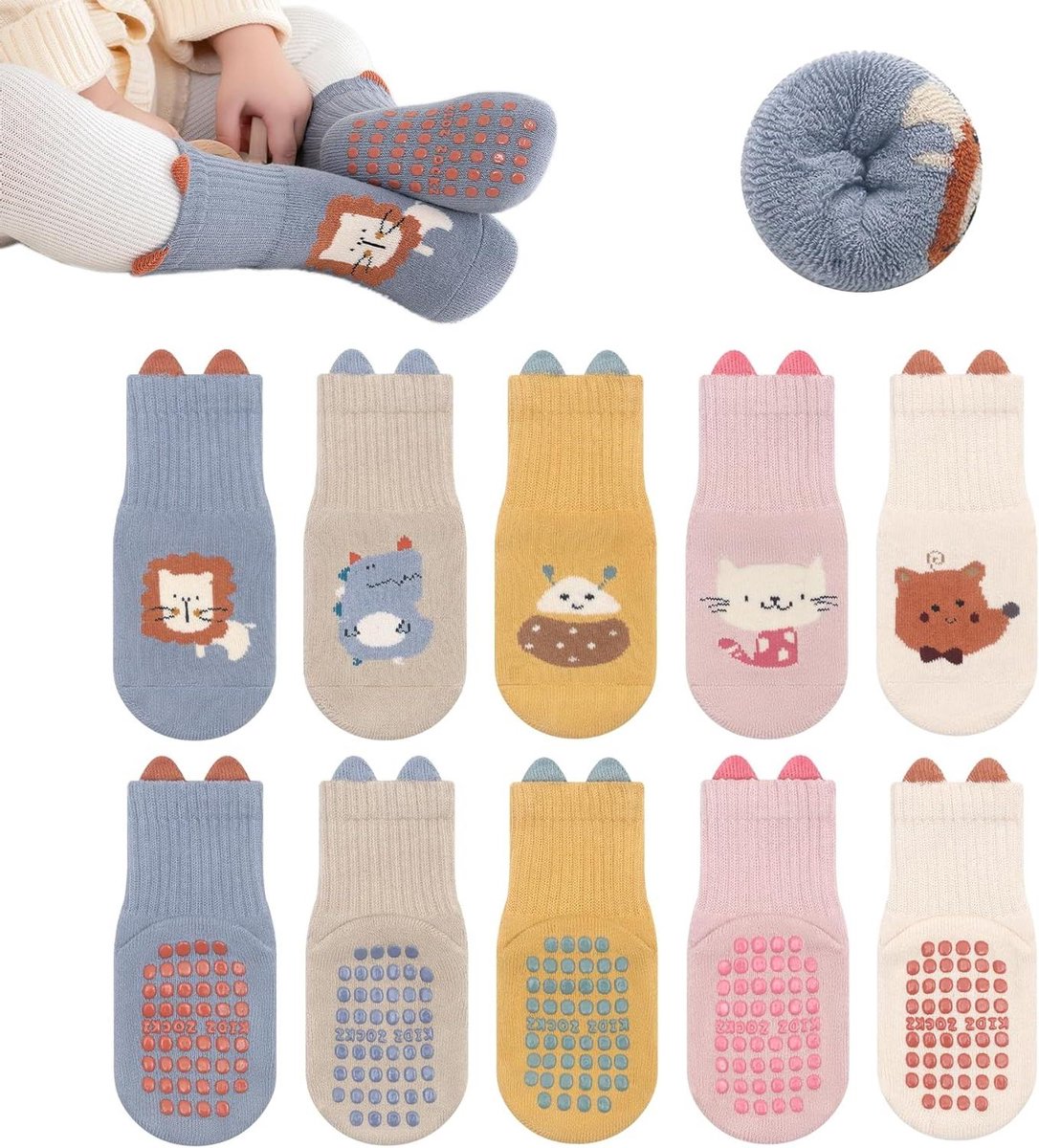 Babysokken Katoen - Warme Sokjes - Comfortabel Lopen - Antislip Zolen - 5 Paar - Multicolor