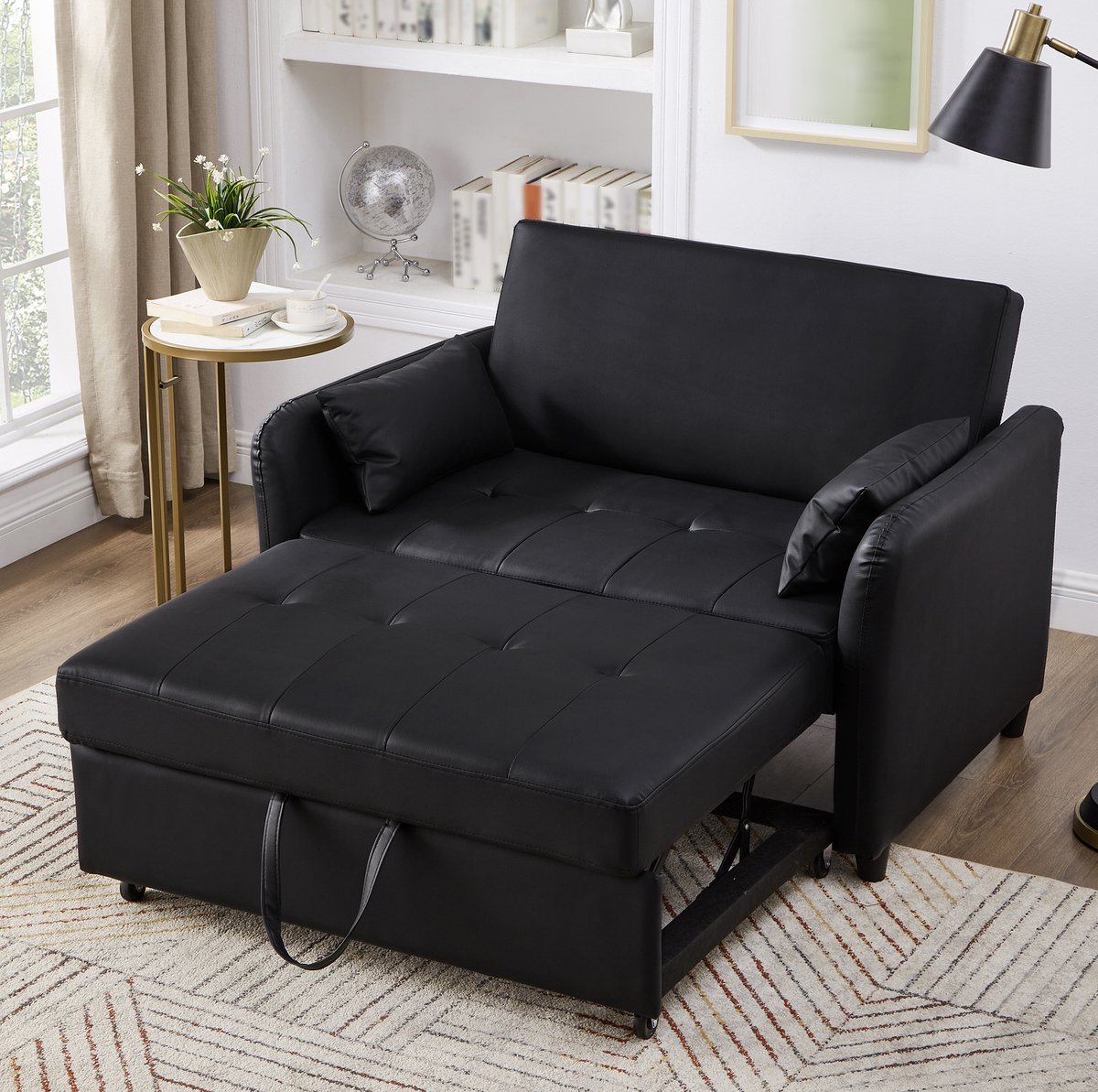FloraGrace Slaapbank 122 Cm - 2-Zits Uitschuifbare Bedbank Met 3-Standen Rugleuning - Voor Woonkamer Of Kleine Ruimte - PU - Zwart